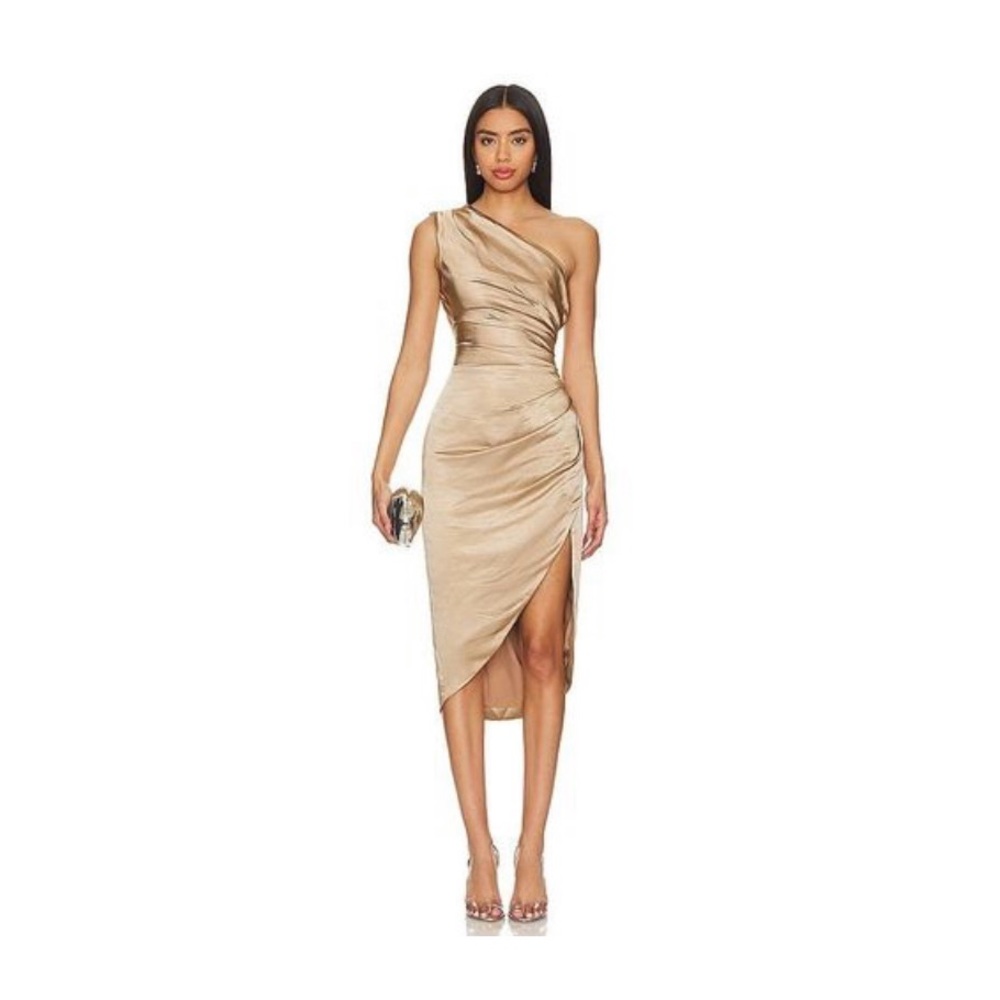 Elliatt Gold Asymmetrical Ruched Sheath Dress